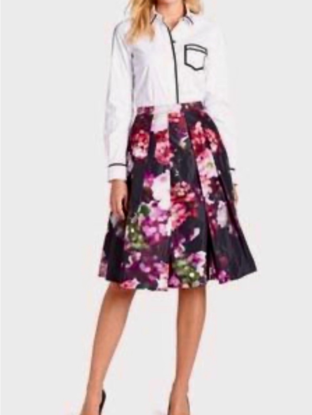 Pink Tartan Floral Full A-Line Skirt in Pink and Black